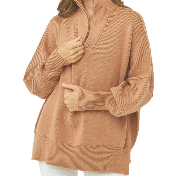 NWT Large Khaki Oversized, V Neck, Quarter Zip Knitted Sweater - Picture 1 of 2